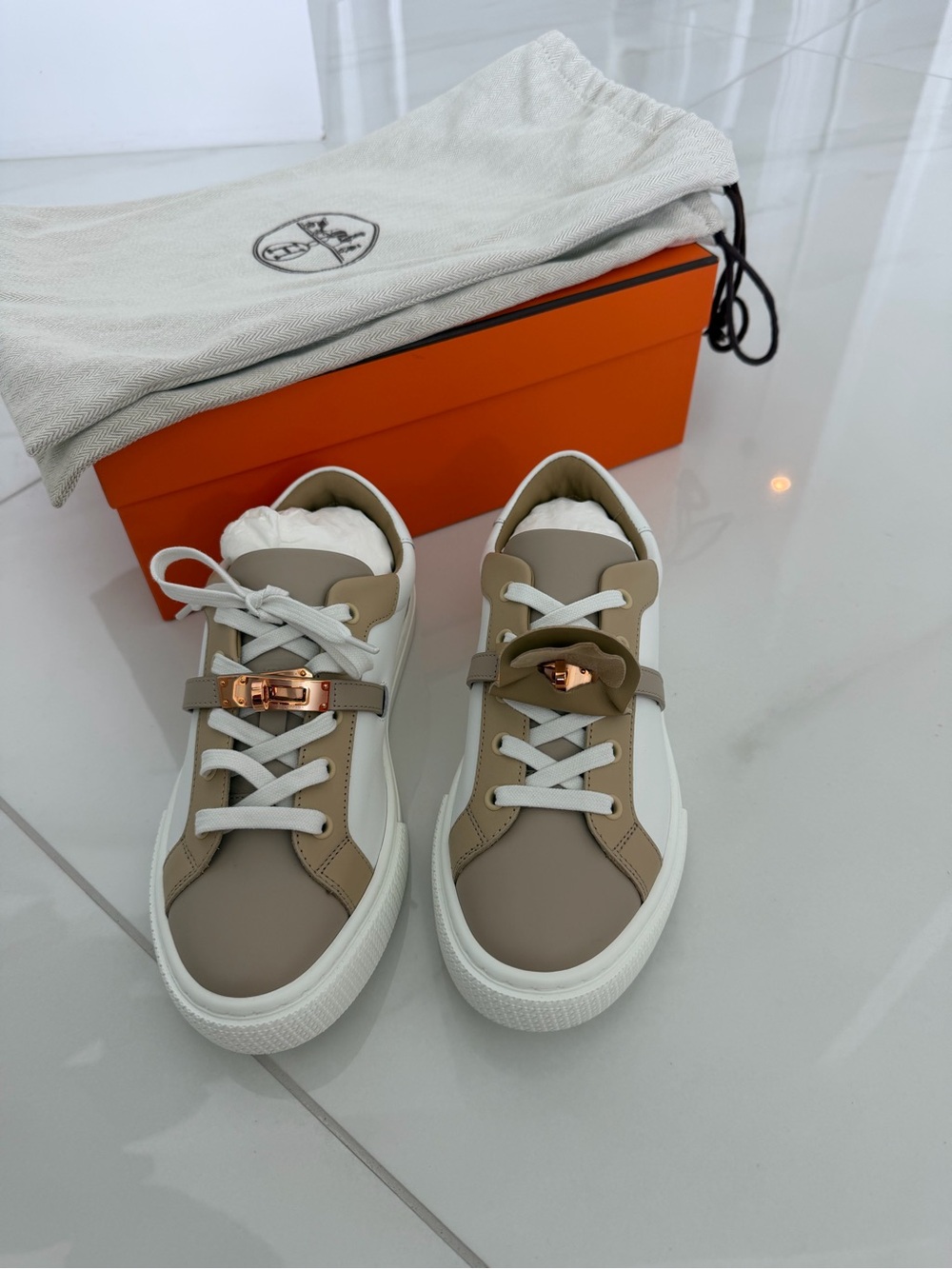 Hermes Beige and White Low-Top Sneakers with Rose Gold Hardware